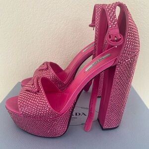 PRADA CRYSTAL STUDDED 135MM SATIN PLATFORM SANDALS WITH BOX! US 7.5/EU 38